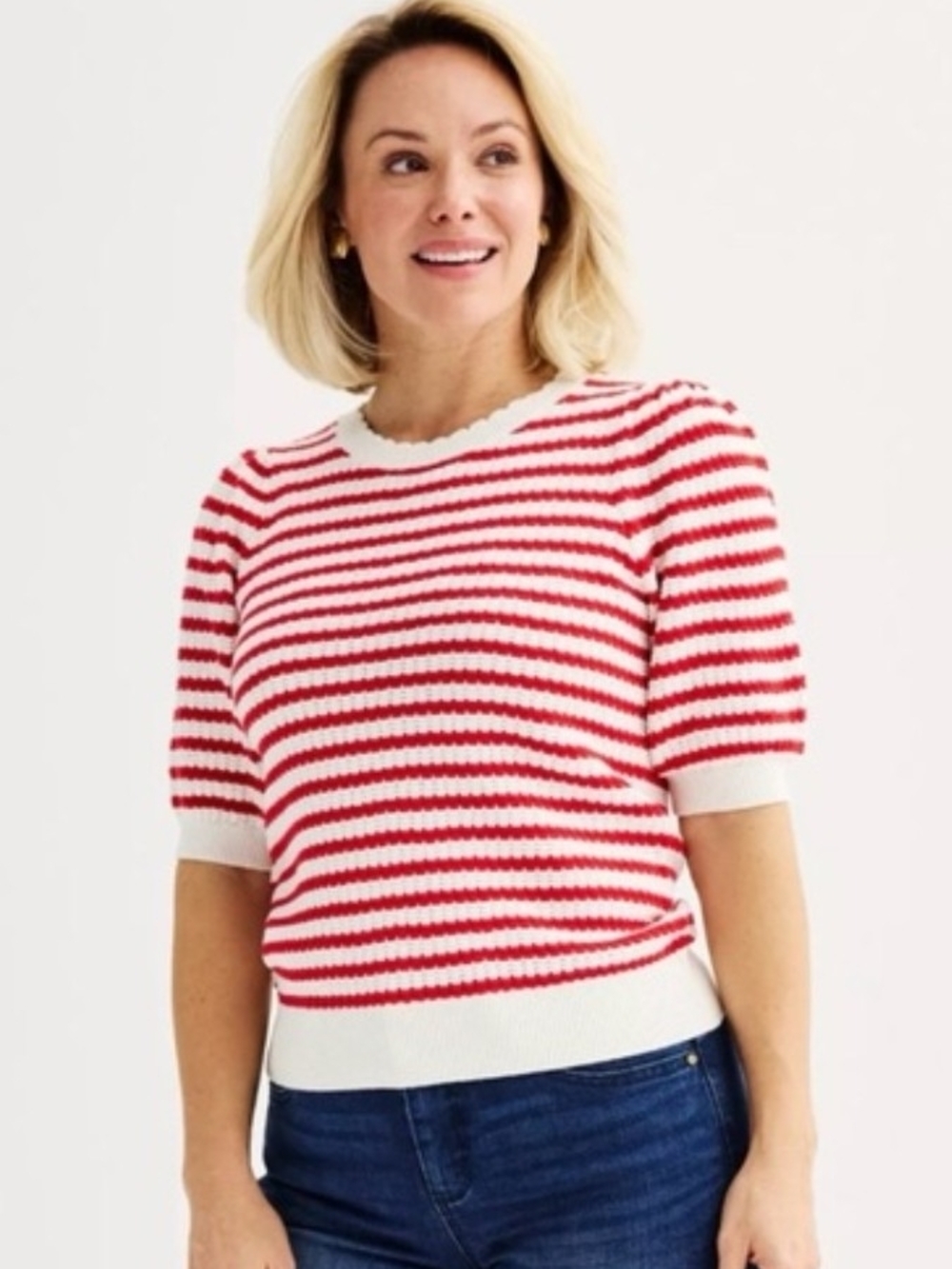 Draper James Red and White Striped Short-Sleeve Crewneck Sweater